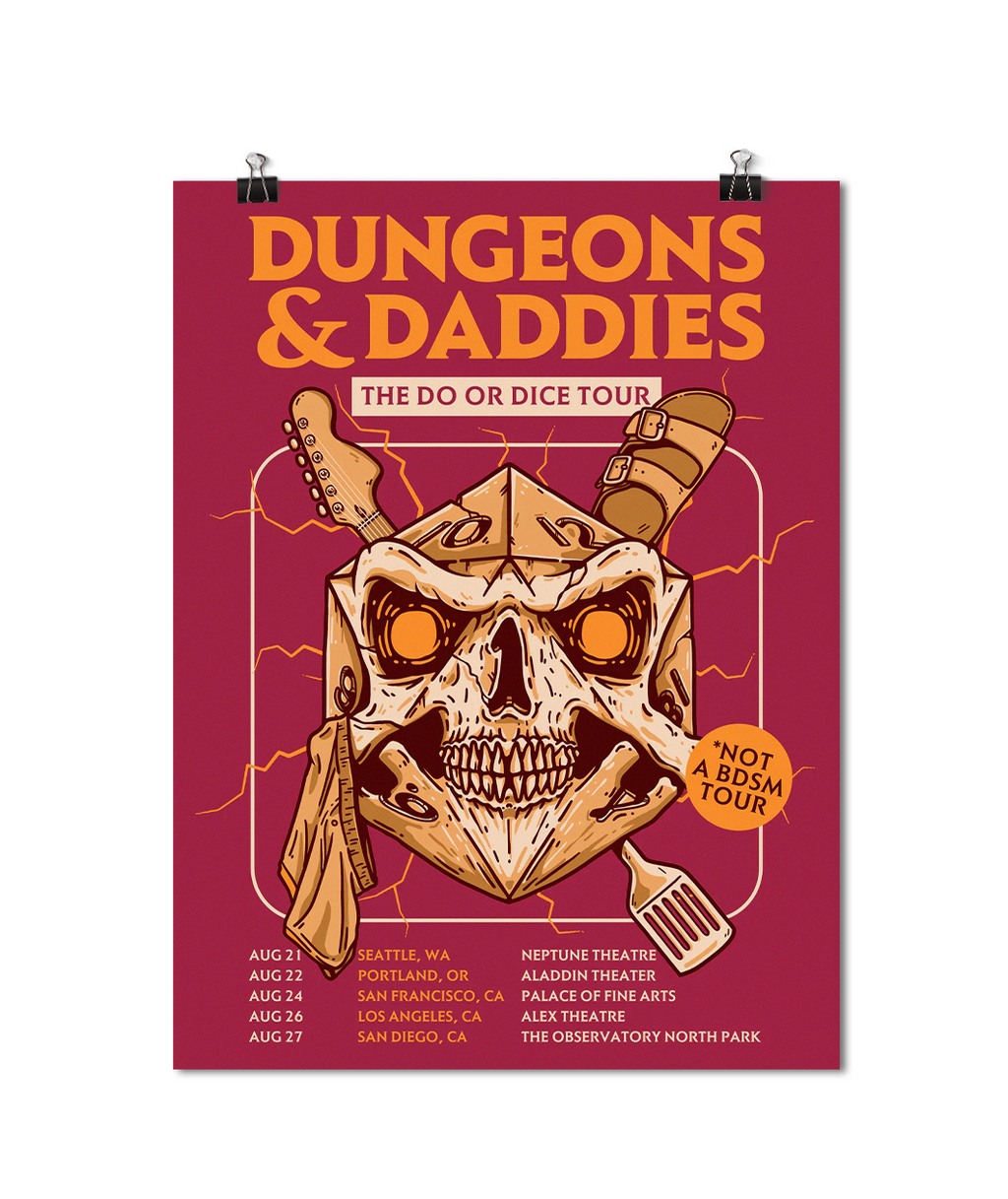 Red poster with Dungeons & Daddies logo in orange in the top center. A D20 skull overlays the logo with text, DO OR DICE TOUR in an orange rectangle above it. Tour dates are listed below.