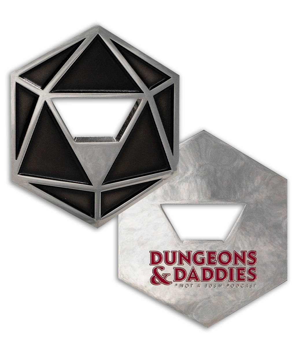 Metal D20 shaped silver bottle opener. Black inlay. Dungeons and Daddies logo printed on the back in dark red.