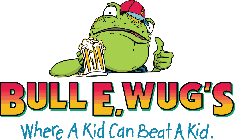 Illustrated frog holding a mug of overflowing foamy beer giving a thumbs up. He is wearing a red dad hat and the text under him reads, "BULL E. WUG'S Where A Kid Can Beat A Kid." The Bull E. Wug's text is a gradient from yellow at the bottom to red at the top and the text beneath is blue and looks handwritten.